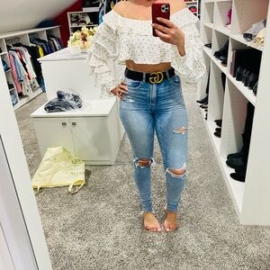 Forever 21 White Polka Dot Ruffle-Sleeve Crop Top